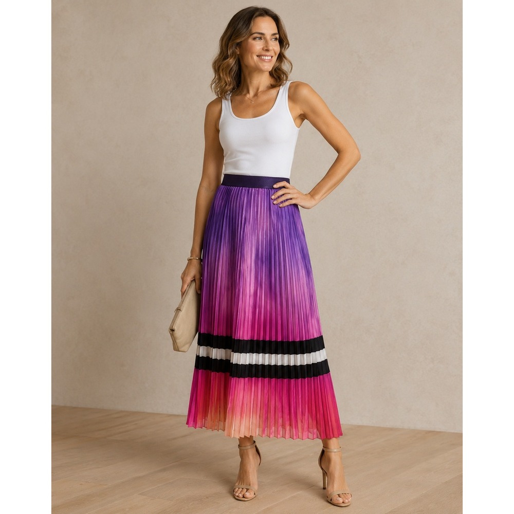 Le Superbe Purple Pink Ombre Pleated Midi Skirt Metallic Waistband Womens Small